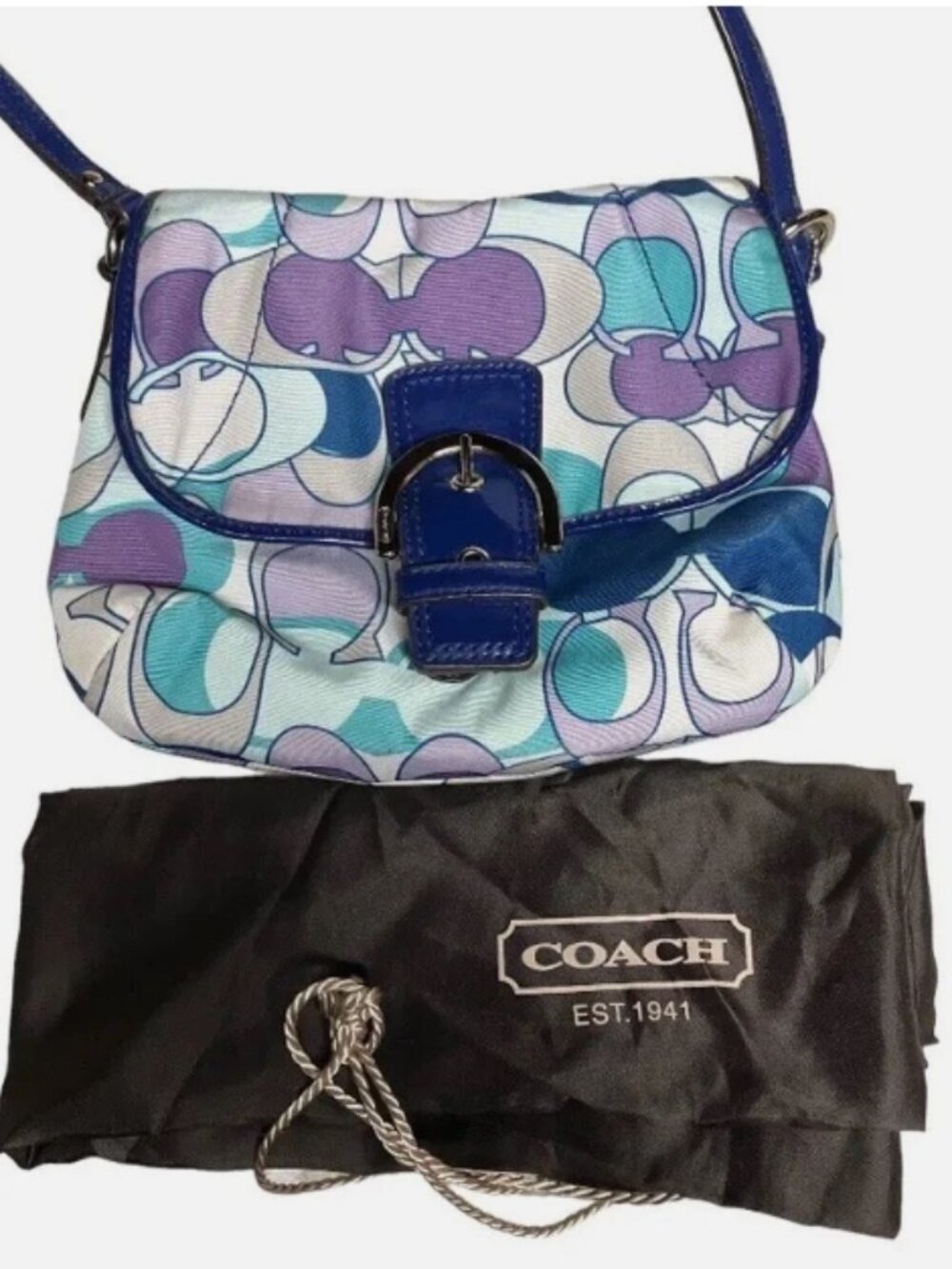 COACH MULTI COLOR BLUE PURPLE SIGNATUR SCARF KYRA CROSSBODY PURSE 8”x6” DUST JAC
